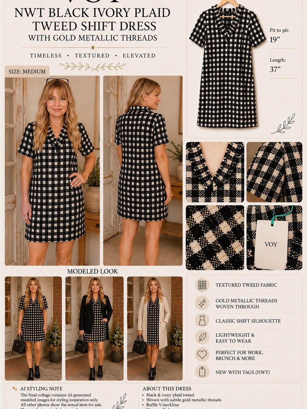 VOY Plaid Tweed Shift Dress Gold Metallic Threads Woven Thru Black & Ivory S NWT - Picture 13 of 13